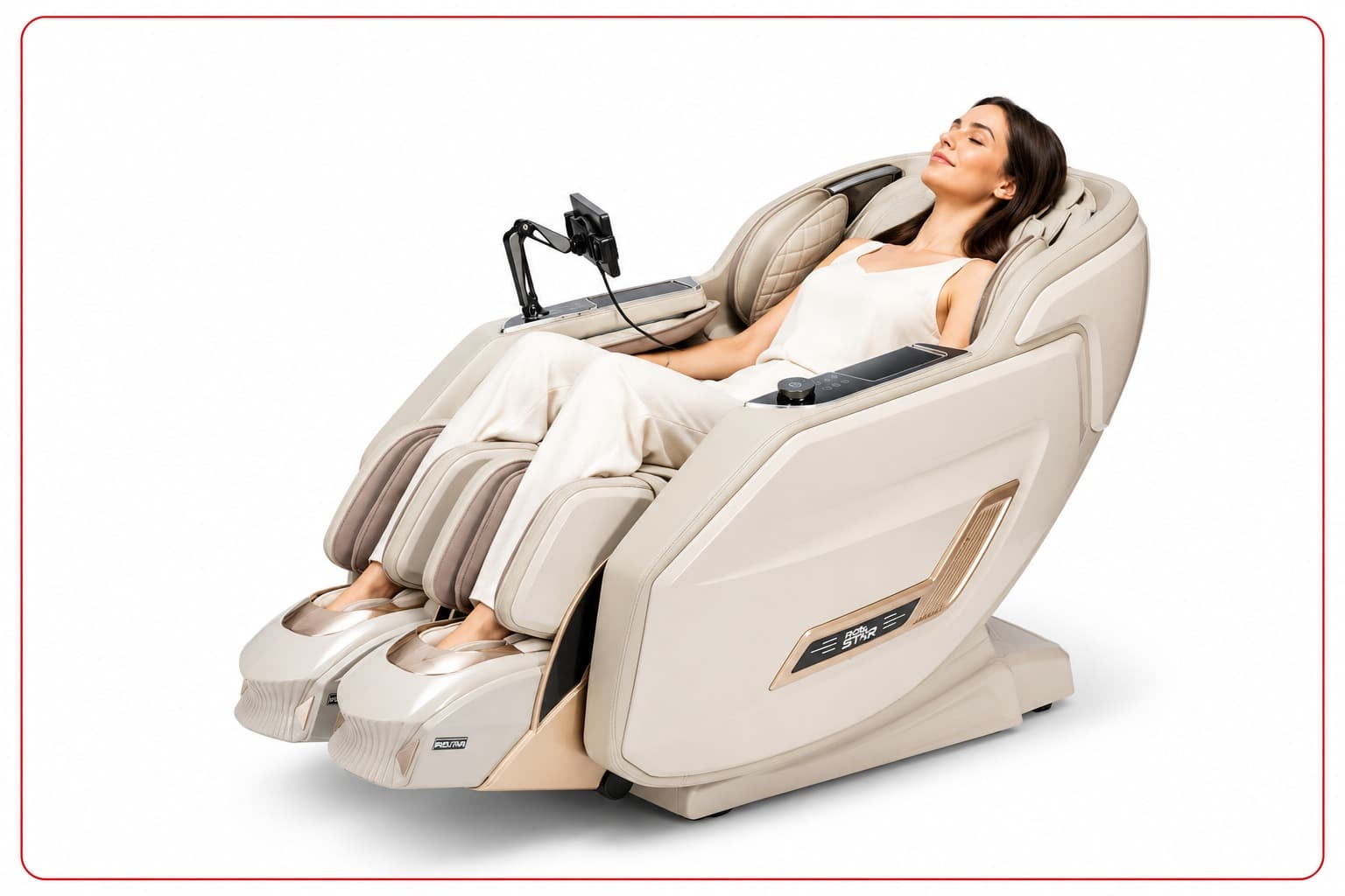 Woman reclining in beige RoboSTAR massage chair