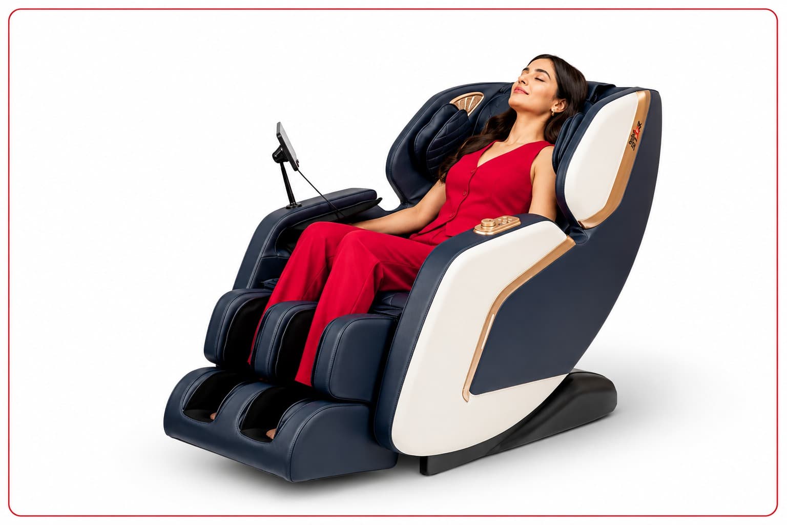 Woman seated in navy RoboSTAR massage chair